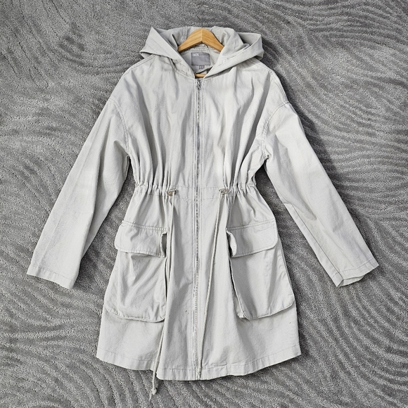 Asos Women Oversized Hooded Rain Jacket Ivory Gray Lightweight Coat Sz 6 Pockets - Picture 1 of 6
